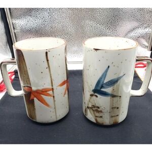 VTG Otagirl Tall Stackable Mugs Set Of 2 Birds Bamboo Speckled Japan 70s Ceramic